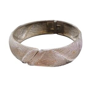 Monet Silver Tone Textured Hinged Cuff Bracelet Vintage Statement